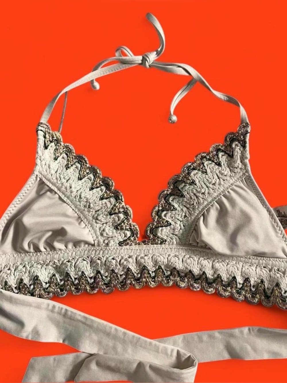 BECCA Cream Crochet-Trim Halter Bikini Top